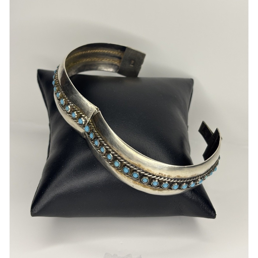 Vintage Taxco Mexico 900 Silver Turquoise Hinged Bangle Bracelet 20mm Wide - Picture 3 of 9
